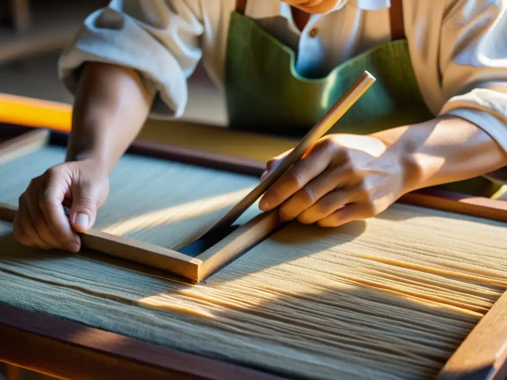 Artesano chino elaborando papel a mano con fibras de morera, reflejando la tradición milenaria del origen papel evolución impacto tecnológico