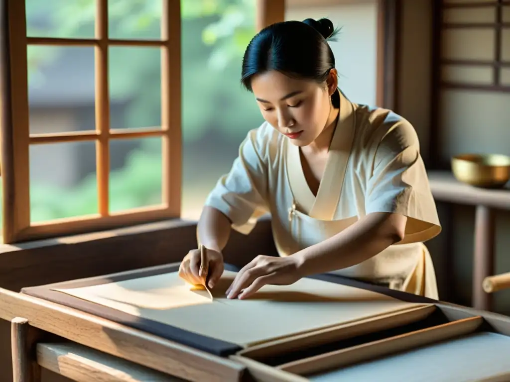 Un artesano chino crea papel a mano con métodos tradicionales, rodeado de un escenario natural sereno