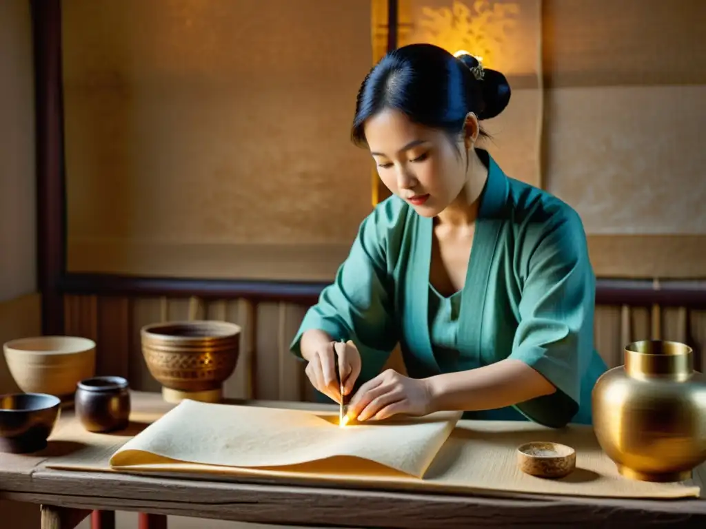 Un artesano chino crea papel a mano con métodos tradicionales bajo la cálida luz de una linterna