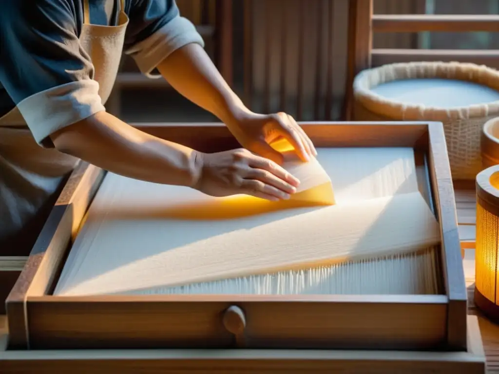 Artesano chino fabricando papel a mano en taller tradicional con atmósfera nostálgica