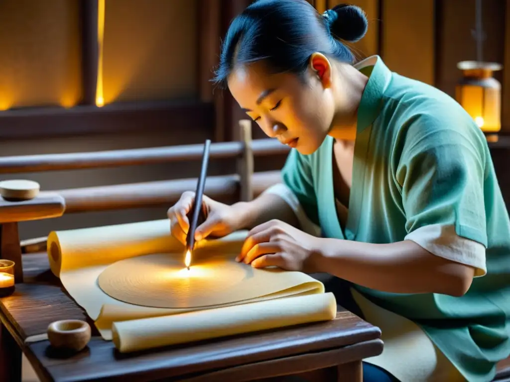 Artesano chino elaborando papel a mano Un artesano chino elabora papel a mano con métodos tradicionales, rodeado de herramientas antiguas, en una escena iluminada por una suave luz de velas