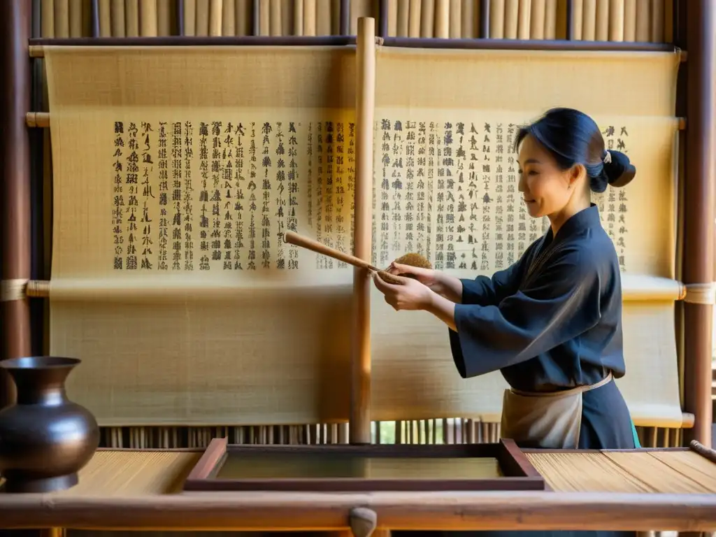 Un artesano chino forma papel a mano en un taller rústico, reflejando la evolución del papel en la historia con destreza ancestral