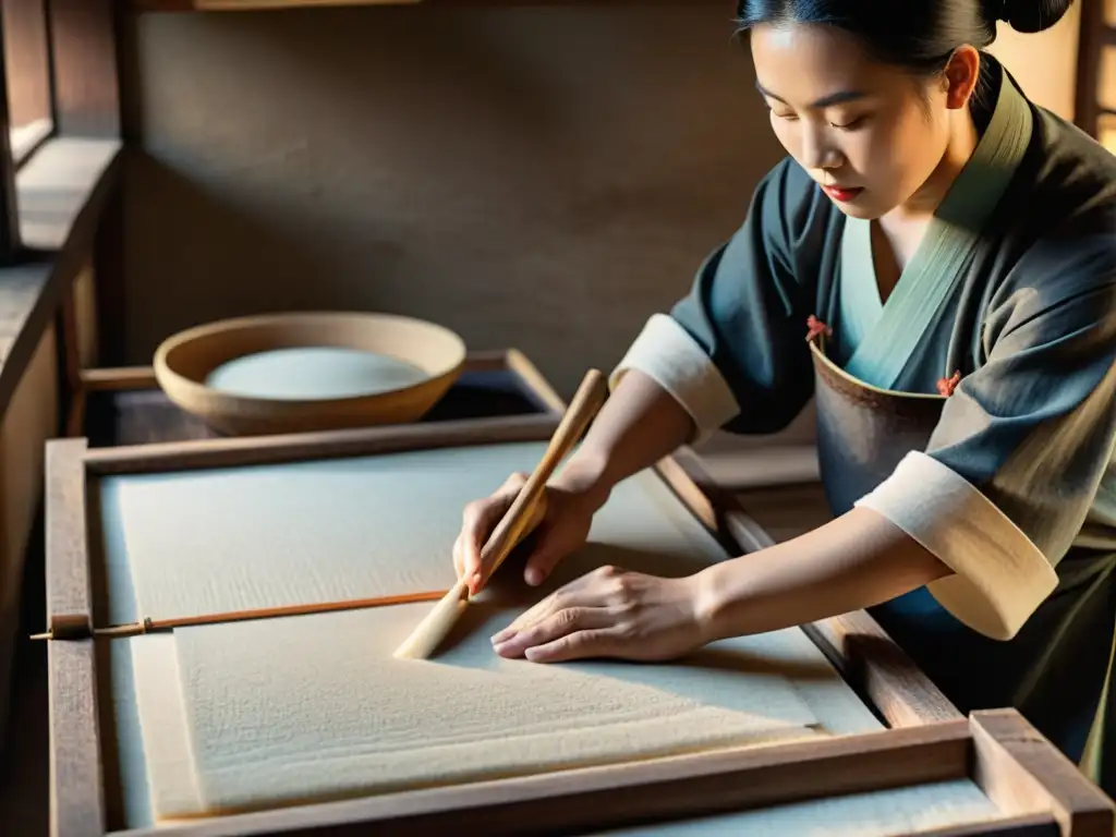 Un artesano chino elabora papel a mano en un taller tradicional, evocando la esencia de las alternativas ecológicas al papel convencional