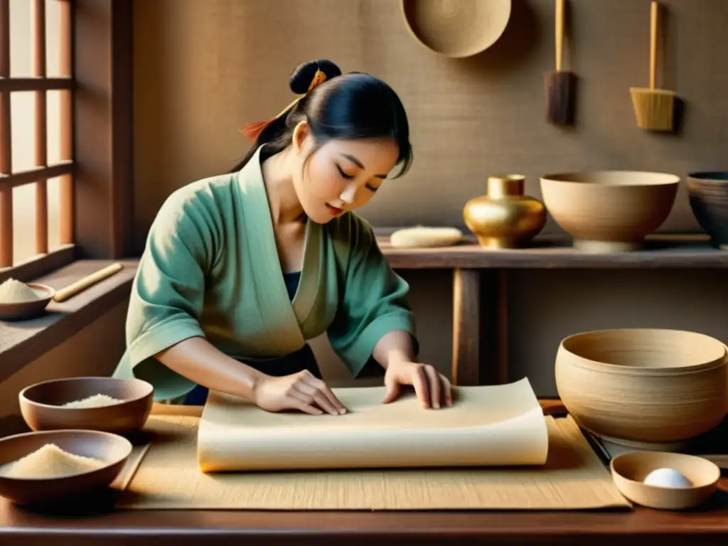 Artesanía ancestral: proceso chino de fabricación de papel a mano Artesano chino elaborando papel a mano con tonos cálidos y herramientas tradicionales