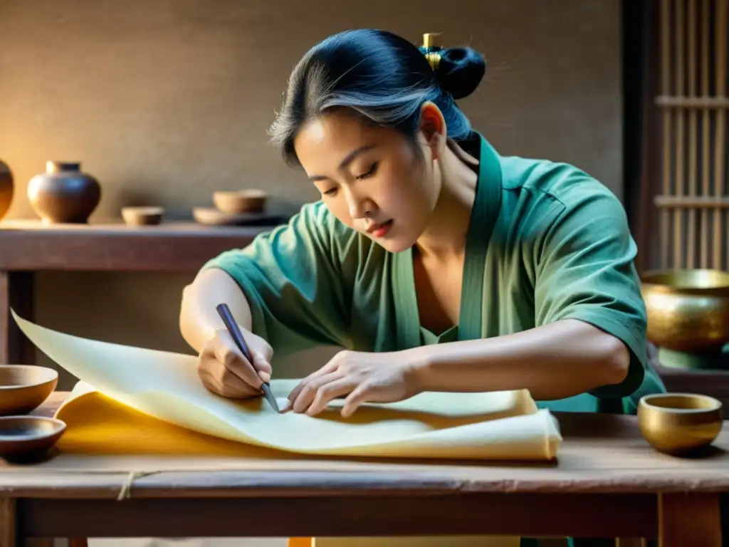 Artesano chino crea papel a mano con detalle y destreza