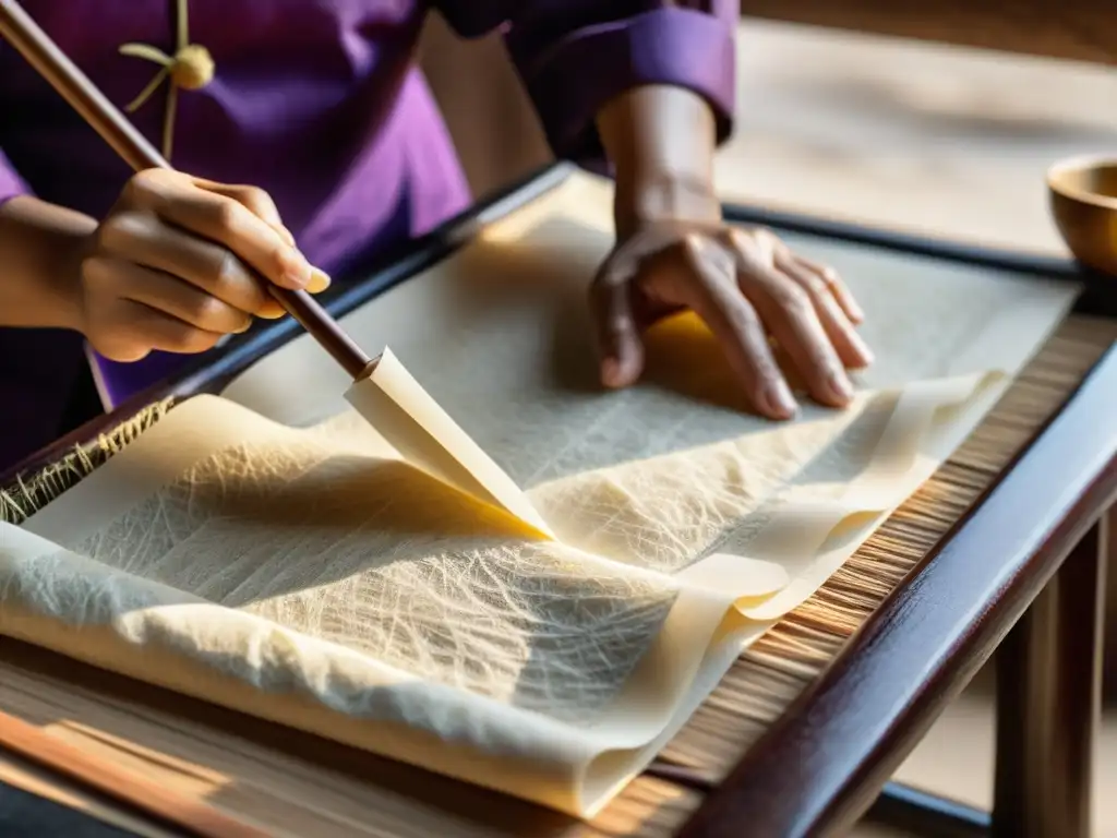 Un artesano chino labra papel a mano con delicadeza, mostrando el impacto de la selección del papel en la artesanía tradicional