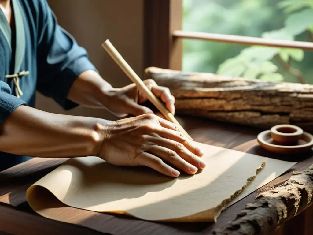 Artesano chino elaborando papel de morera con destreza Artesano chino elaborando papel de morera con meticulosidad, evocando la tradición y el impacto del papel impreso