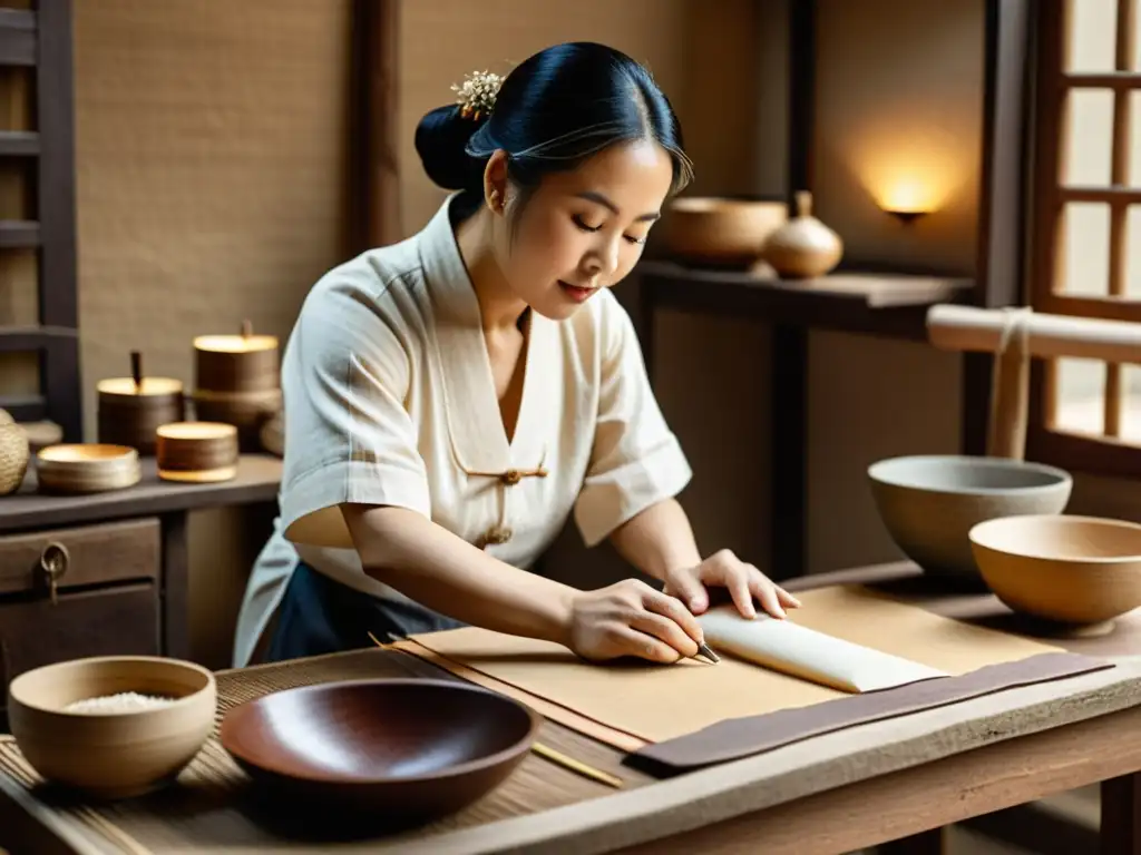 Un artesano chino crea papel de morera con meticulosidad, rodeado de herramientas tradicionales