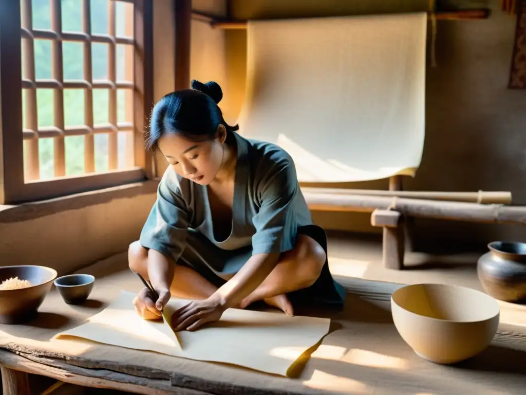 Un artesano chino elabora papel de morera con métodos tradicionales en un taller rústico iluminado por luz natural