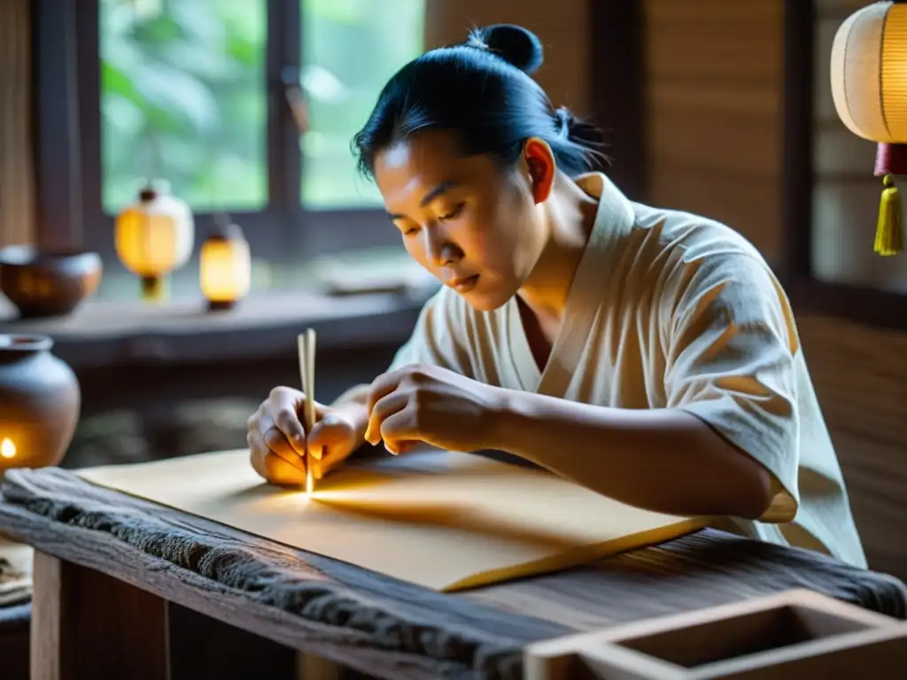 Artesano chino elaborando papel de morera con métodos tradicionales