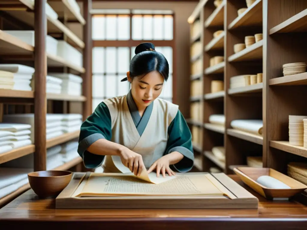 Artesano chino elaborando papel con métodos tradicionales, destacando la evolución histórica del papel desde la antigua China