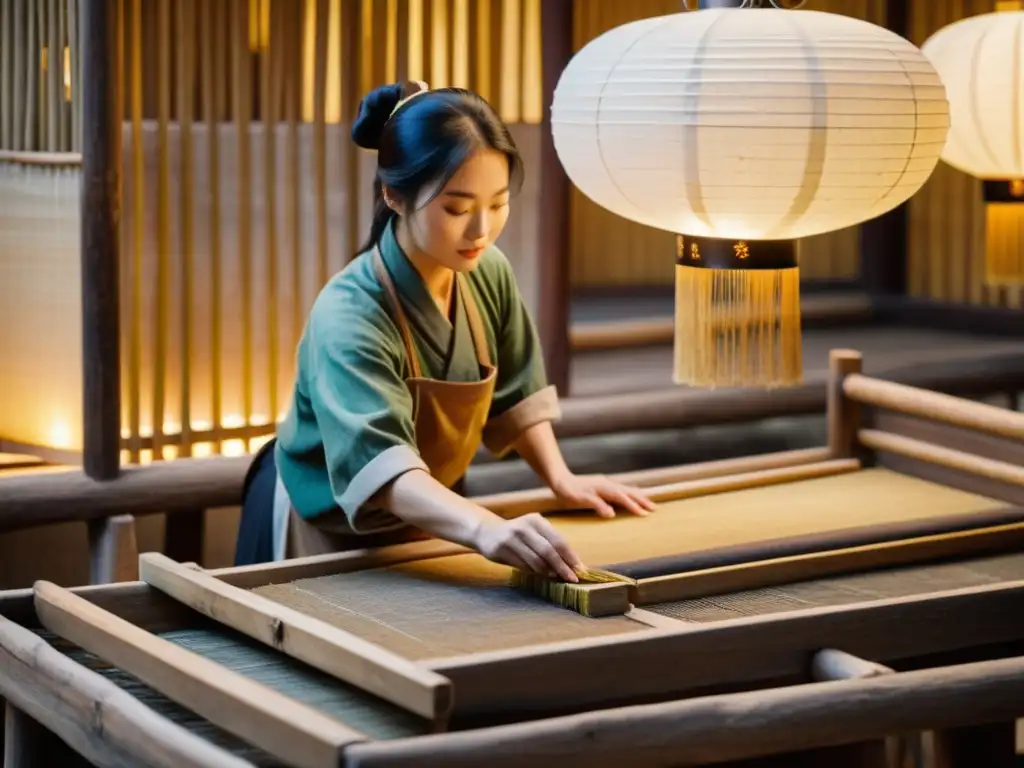 Un artesano chino sumerge un tamiz de bambú en una mezcla pulposa en un taller tradicional de fabricación de papel, iluminado por suaves linternas