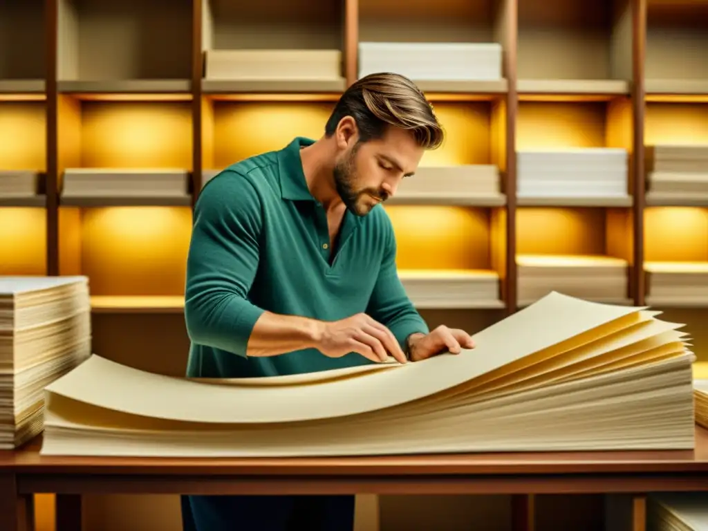 Artesano seleccionando papel de lujo en ambiente vintage Un artesano selecciona con cuidado el mejor papel para impresiones de lujo en un ambiente nostálgico y artesanal