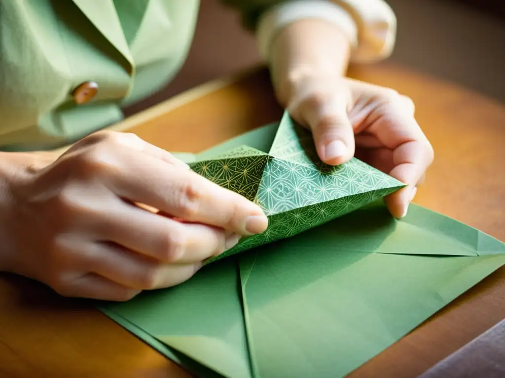 Un artesano delicadamente dobla papel en origami, evocando la historia del papel en origami con su expresión y la iluminación cálida