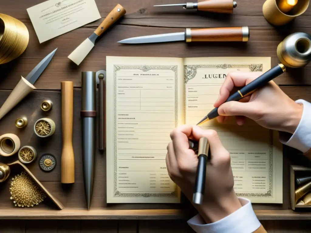 Un artesano crea con destreza una agenda de lujo en papel, rodeado de herramientas vintage en un banco de trabajo de madera envejecida