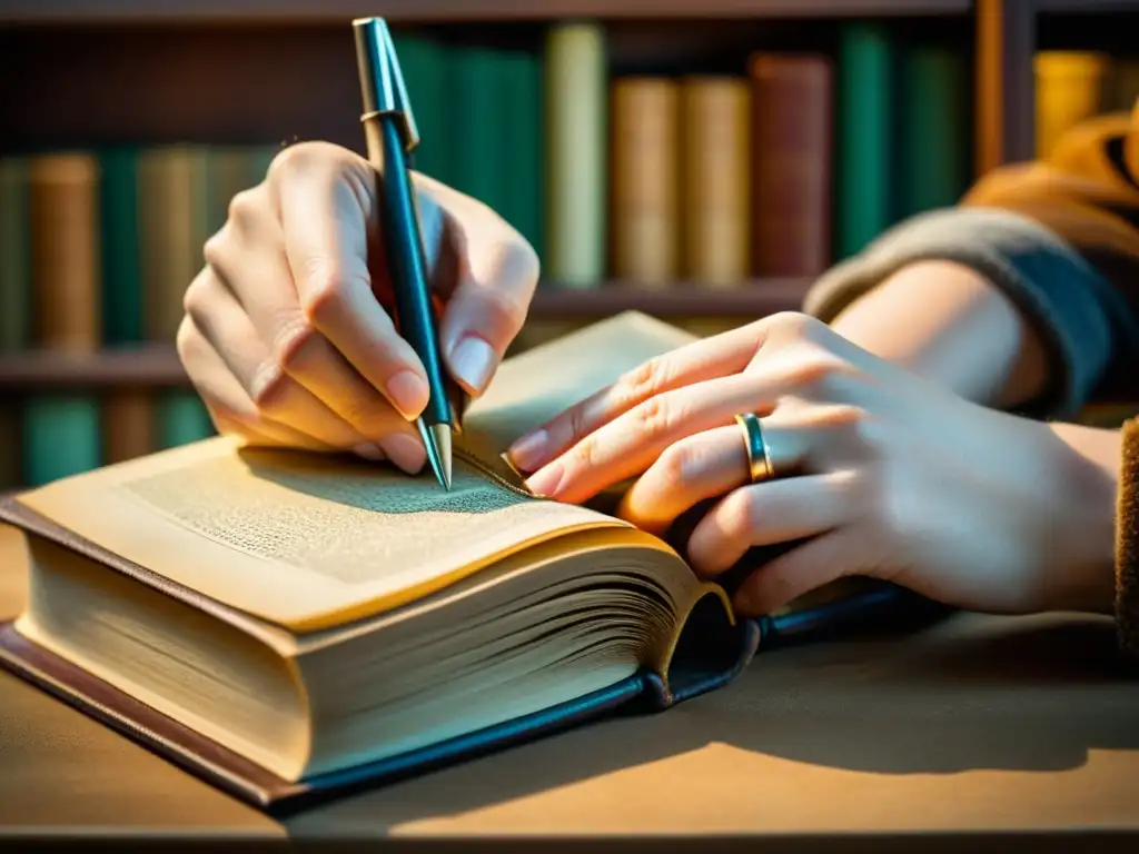 Un artesano une con destreza las páginas de un libro encuadernado en cuero vintage, rodeado por estantes repletos de libros antiguos