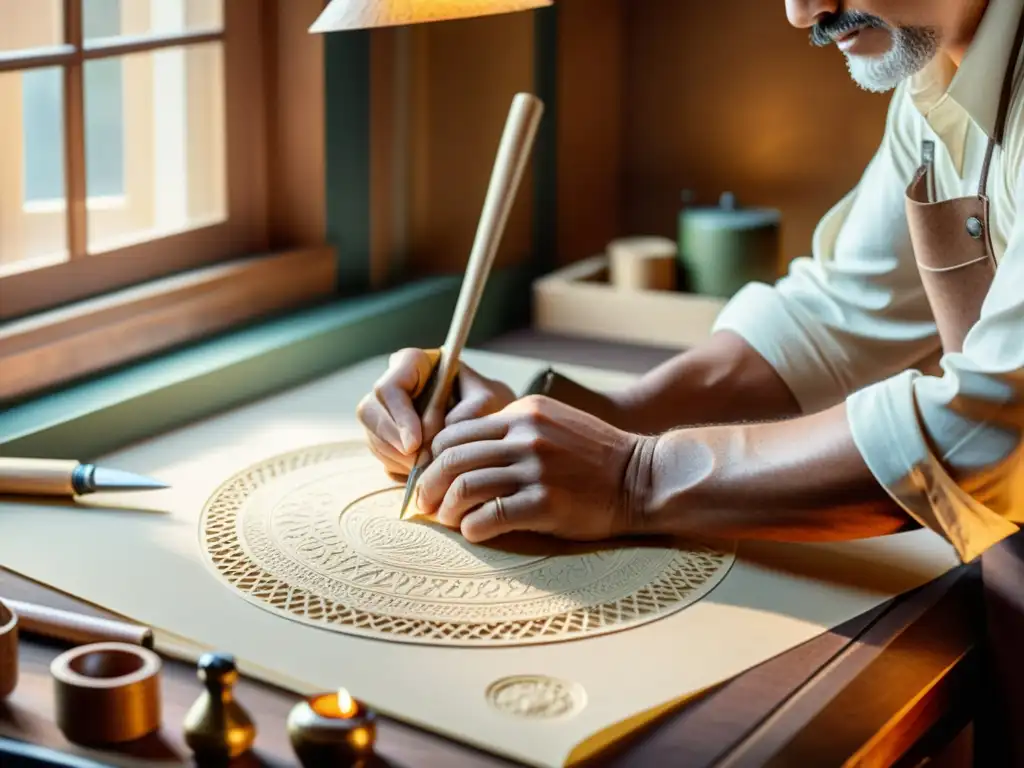 Un artesano realiza un detallado relieve a mano en papel de alta calidad, rodeado de herramientas tradicionales