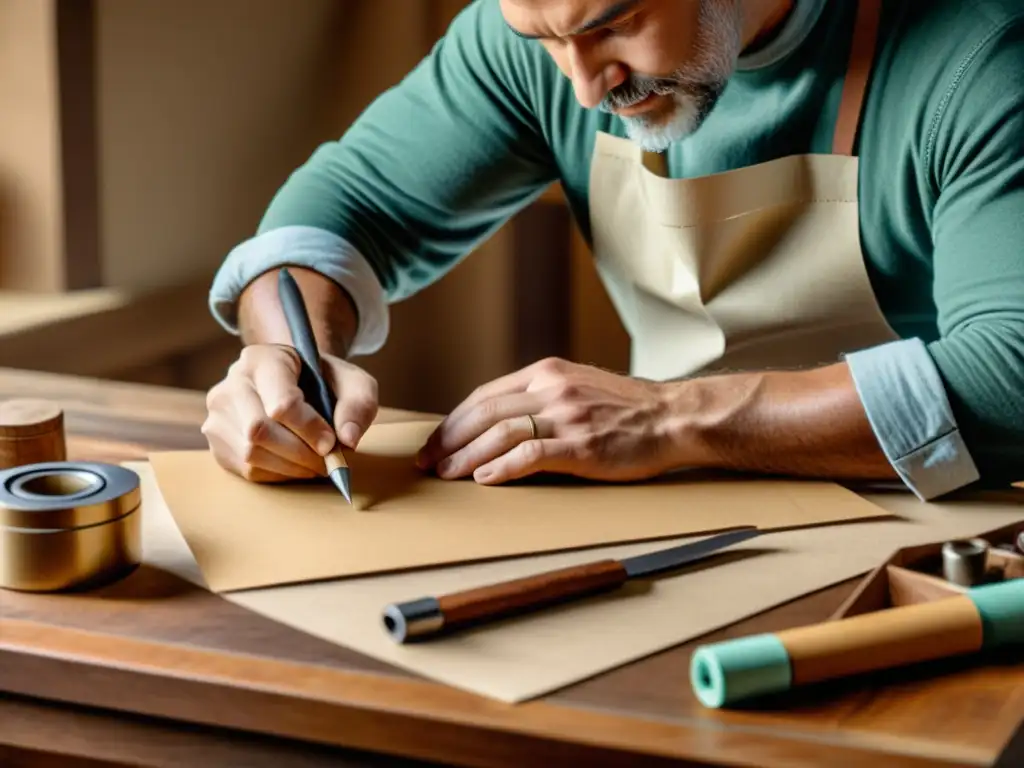 Un artesano crea meticulosamente un diseño de empaques de papel en un entorno vintage, destacando la dedicación y la habilidad artesanal