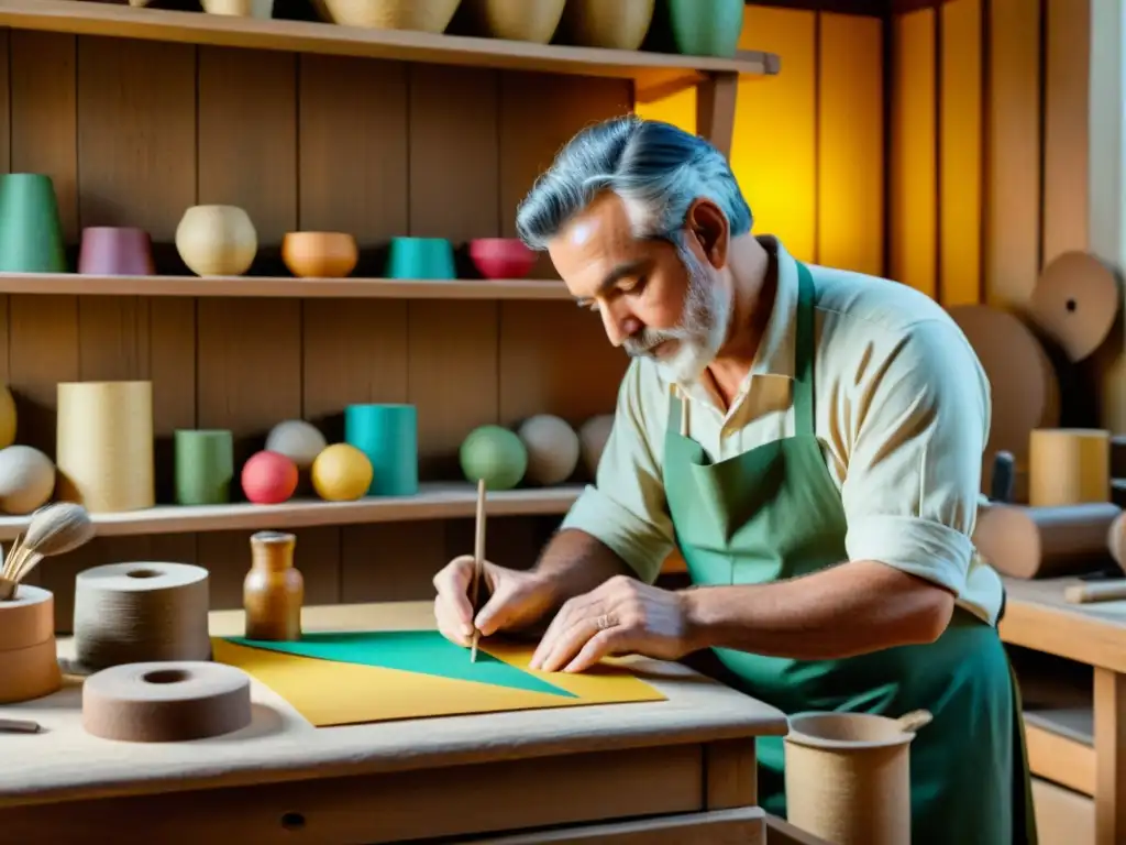 Un artesano crea una escultura de papel maché en un taller vintage, exudando tradición y habilidad artística en la era digital