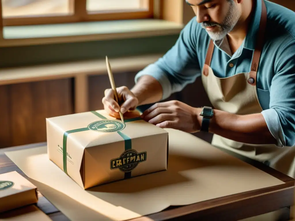 Un artesano estampa cuidadosamente un logo en un empaque de papel de alta calidad, con luz natural cálida iluminando la escena