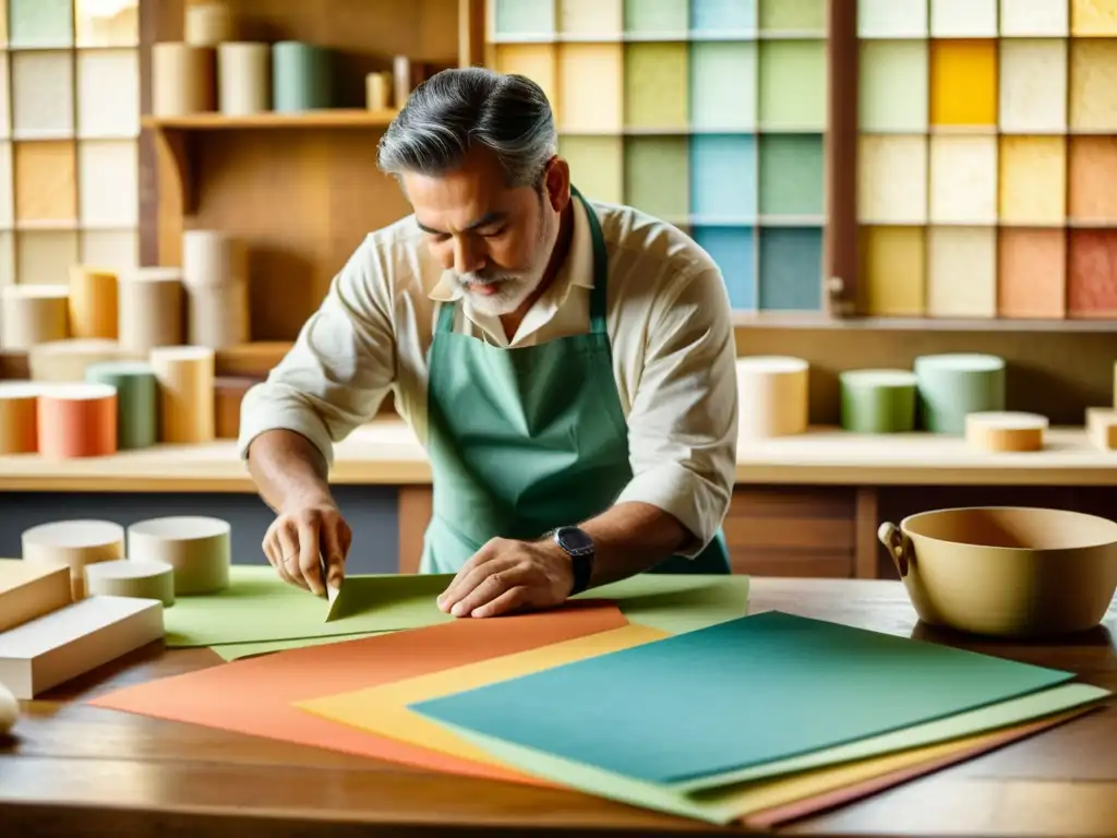 Un artesano experto crea papel de alta gama con técnicas tradicionales en un entorno vintage cálido y acogedor