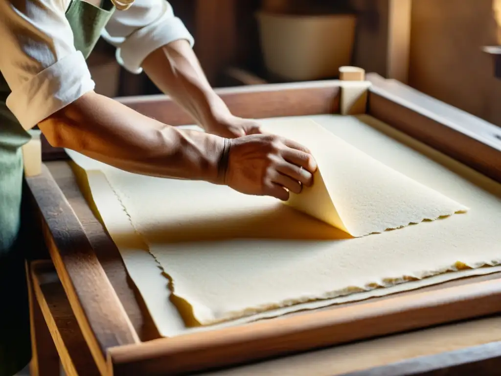 Un artesano experto elabora papel a mano con cuidado, destacando la importancia del papel artesanal en la era digital