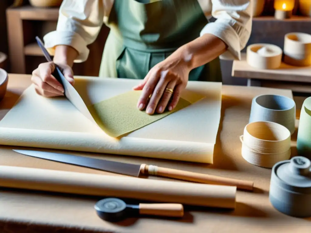 Un artesano experto confecciona papel a mano con técnicas innovadoras, rodeado de herramientas tradicionales