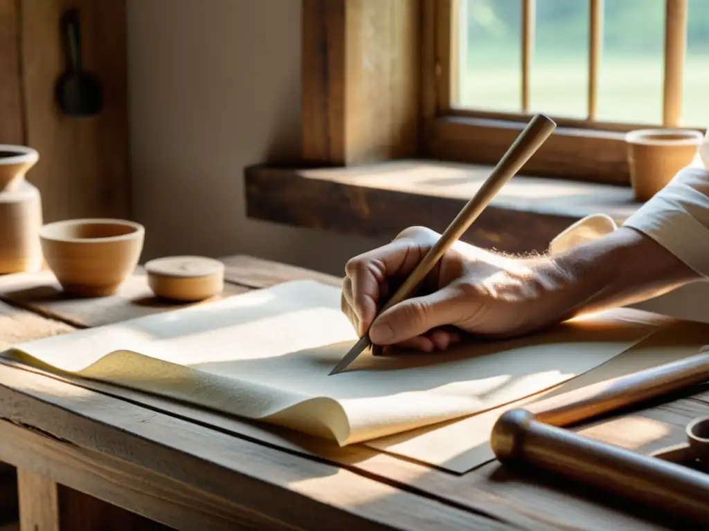 Un artesano experto fabrica papel sostenible con técnicas ancestrales en un taller vintage