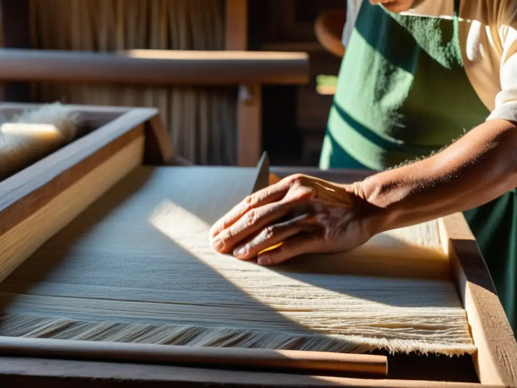 Artesano experto fabricando papel amate en un taller tradicional, evocando una artesanía atemporal y reverencia por la naturaleza