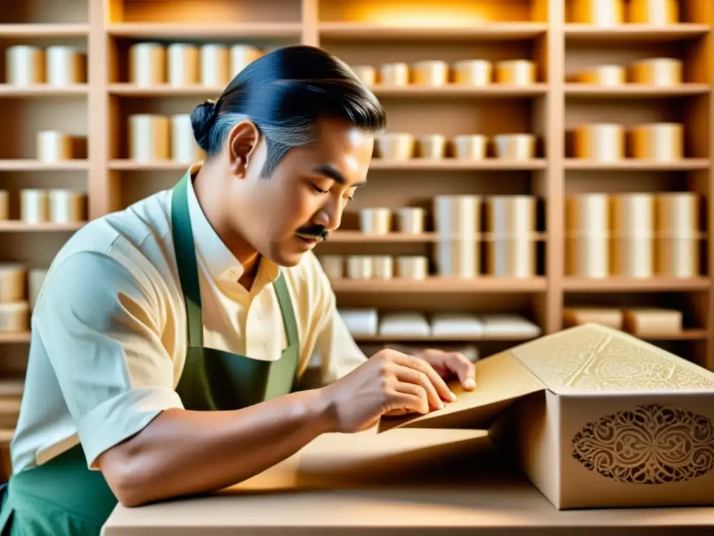 Un artesano experto realiza una personalización en papel con técnicas avanzadas, evocando un ambiente de artesanía atemporal