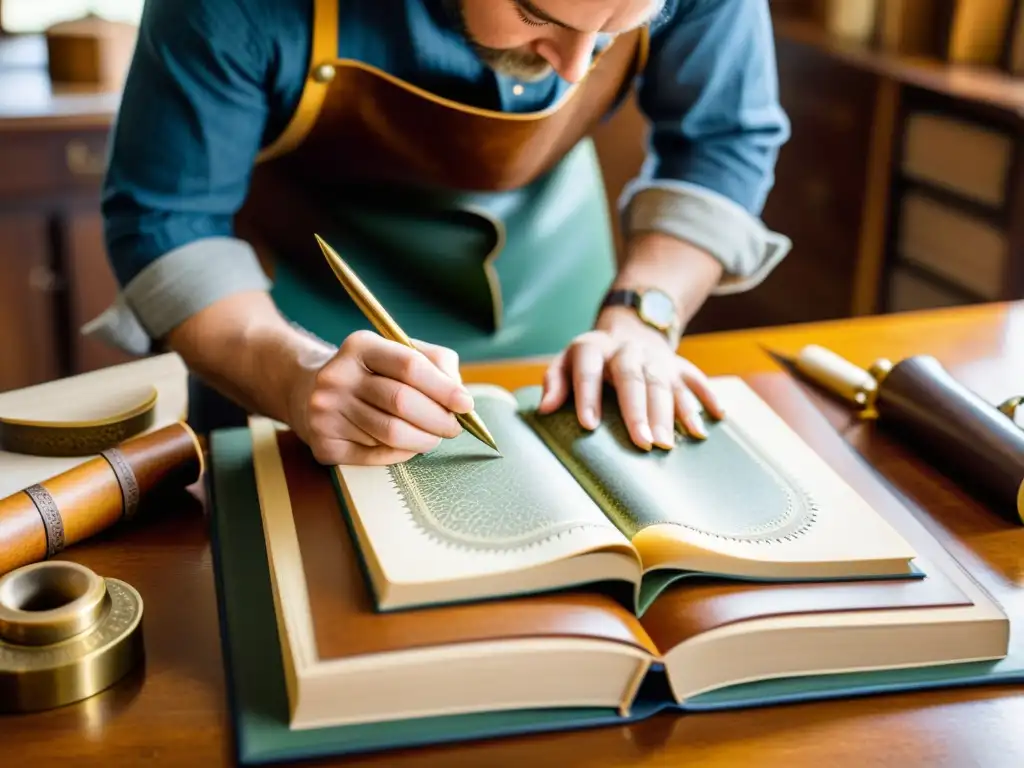 Artesano experto realiza técnicas de encuadernación de libros en cuero vintage, rodeado de herramientas antiguas