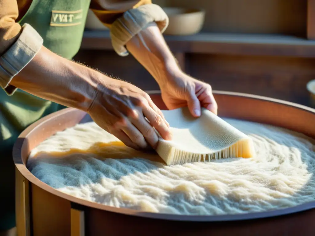 Un artesano sumerge una fina malla en pulpa orgánica, resaltando la artesanía tradicional y el impacto ambiental de la fabricación de papel