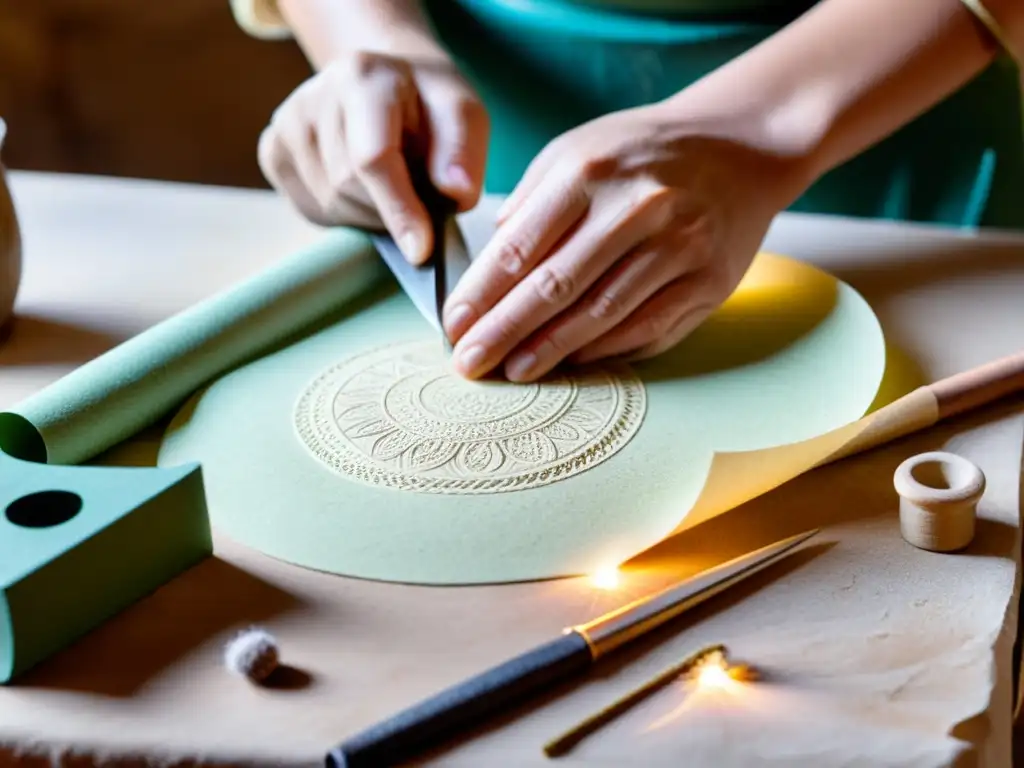 Un artesano hábil da forma a un accesorio de papel maché único entre herramientas vintage, evocando tradición y artesanía