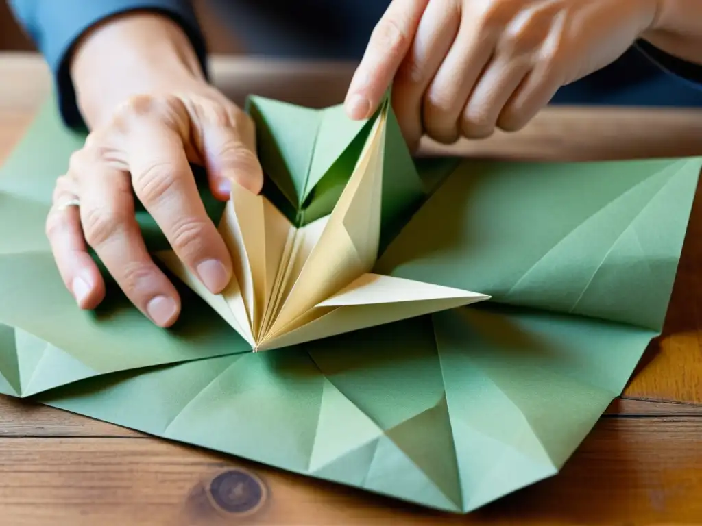 Artesano creando origami con papel reciclado, detalle vintage Un artesano da forma a papel reciclado en la industria, con manos expertas y una atmósfera nostálgica