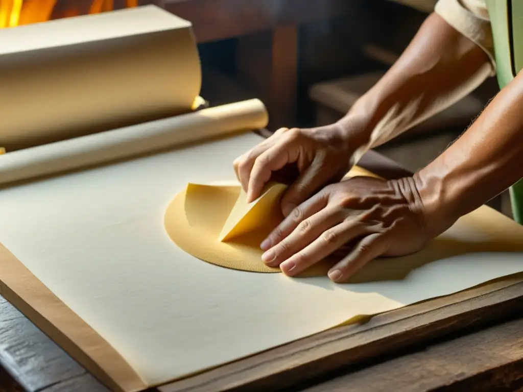 Artesano habilidoso elaborando papel de forma tradicional, exudando historia y artesanía