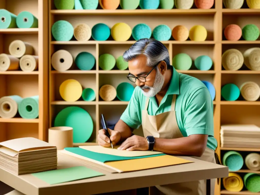 Artesano crea hermosos diseños en papel reciclado, rodeado de colores y herramientas vintage