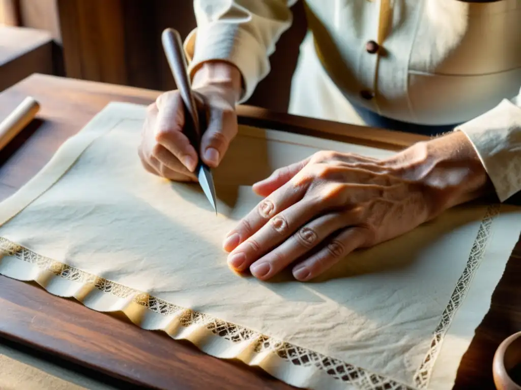 Un artesano presiona suavemente una hoja de papel artesanal, rodeado de herramientas vintage, con luz natural creando sombras y resaltando la textura