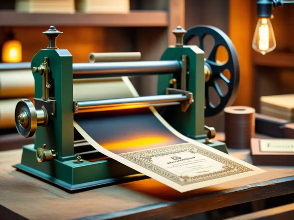 Un artesano trabaja en una imprenta tradicional, resaltando el impacto cultural y tecnológico del papel en un taller con luz tenue