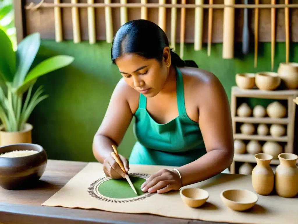 Artesano indígena fabricando papel amate con técnicas tradicionales y pigmentos naturales, rodeado de exuberante vegetación y herramientas tradicionales