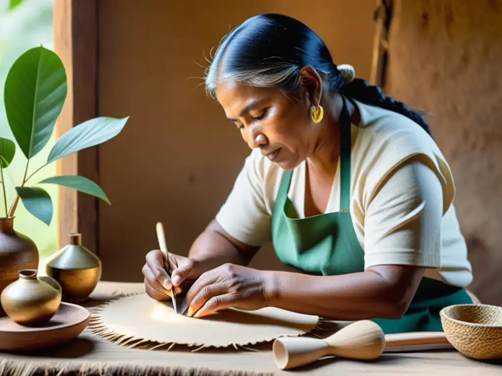 Un artesano indígena elabora papel amate con técnicas tradicionales, rodeado de material natural