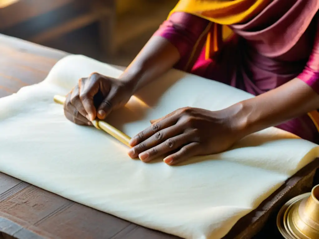 Un artesano indio viste atuendo tradicional, fabricando papel de algodón con métodos ancestrales