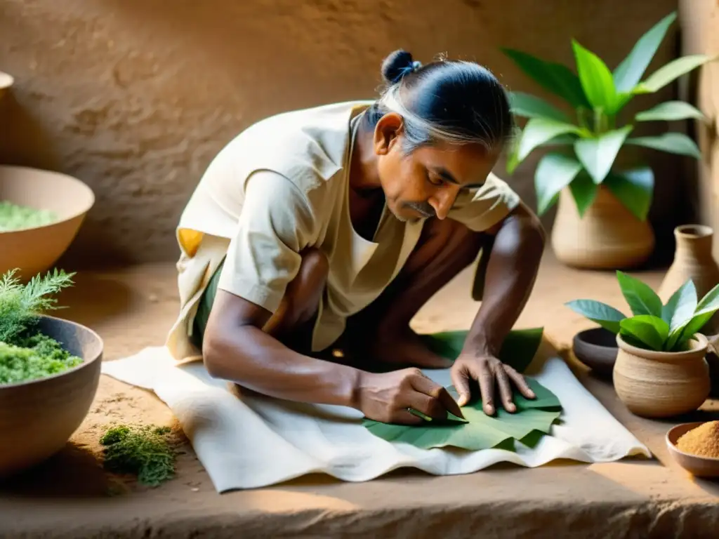 Un artesano indio elabora papel con técnicas tradicionales rodeado de plantas y luz natural