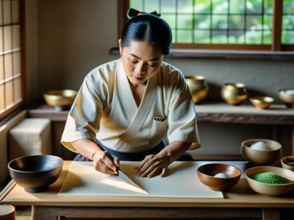 Artesano japonés elaborando papel de arroz con meticulosidad, rodeado de herramientas vintage