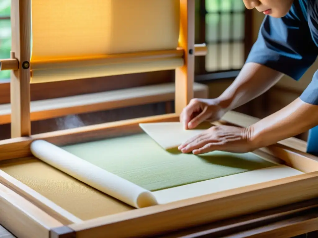 Un artesano japonés fabrica papel washi a mano en un taller tradicional, evocando la artesanía y la herencia cultural japonesa