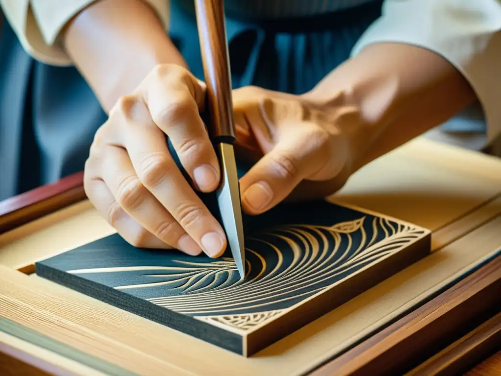 Un artesano japonés talla con precisión un grabado en madera, mostrando la importancia cultural del arte japonés