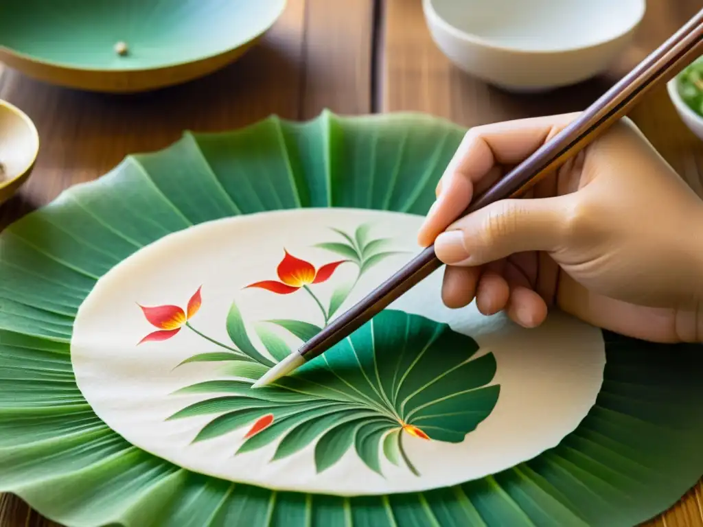 Artesano pintando a mano diseños en papel de arroz, reflejando la fabricación de artes orientales con detalle y elegancia