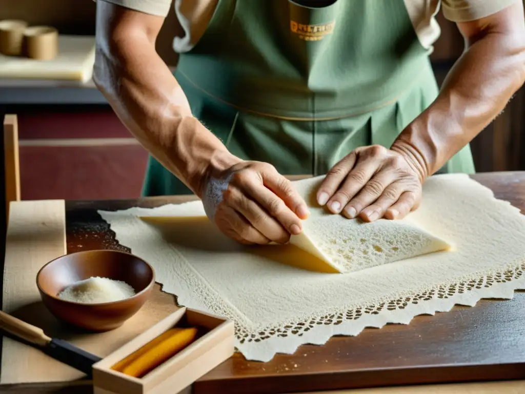 Un artesano moldea a mano papel húmedo con fibras visibles, evocando tradición y destreza