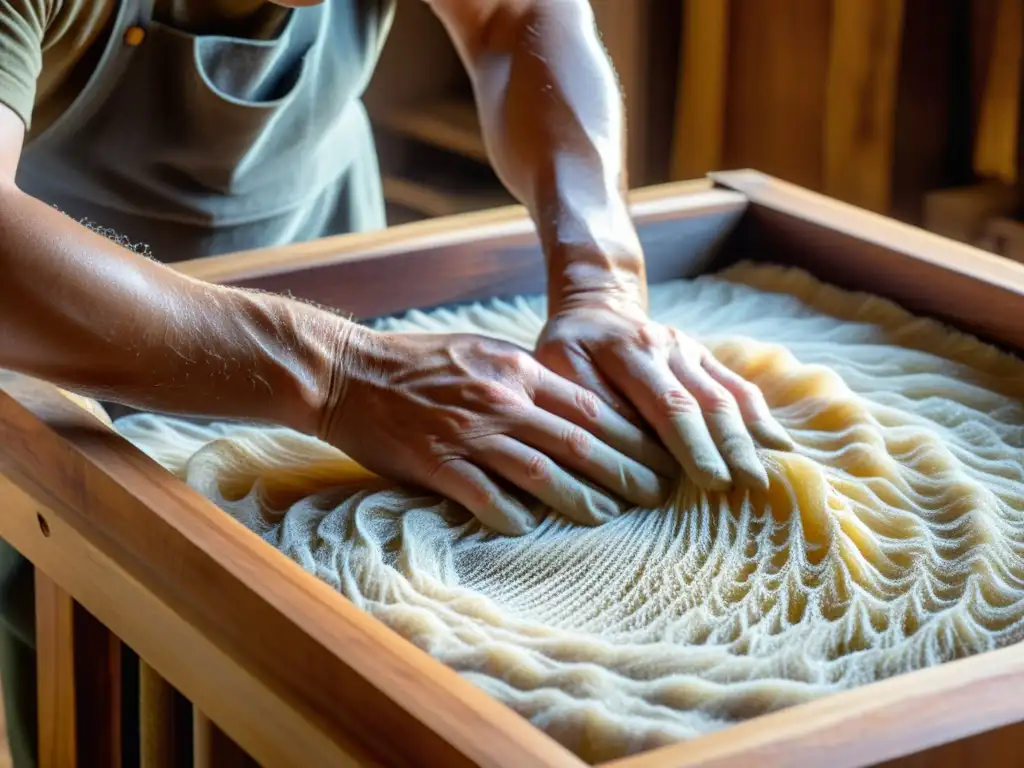 Un artesano sumerge un marco de madera con una malla en una mezcla pulposa