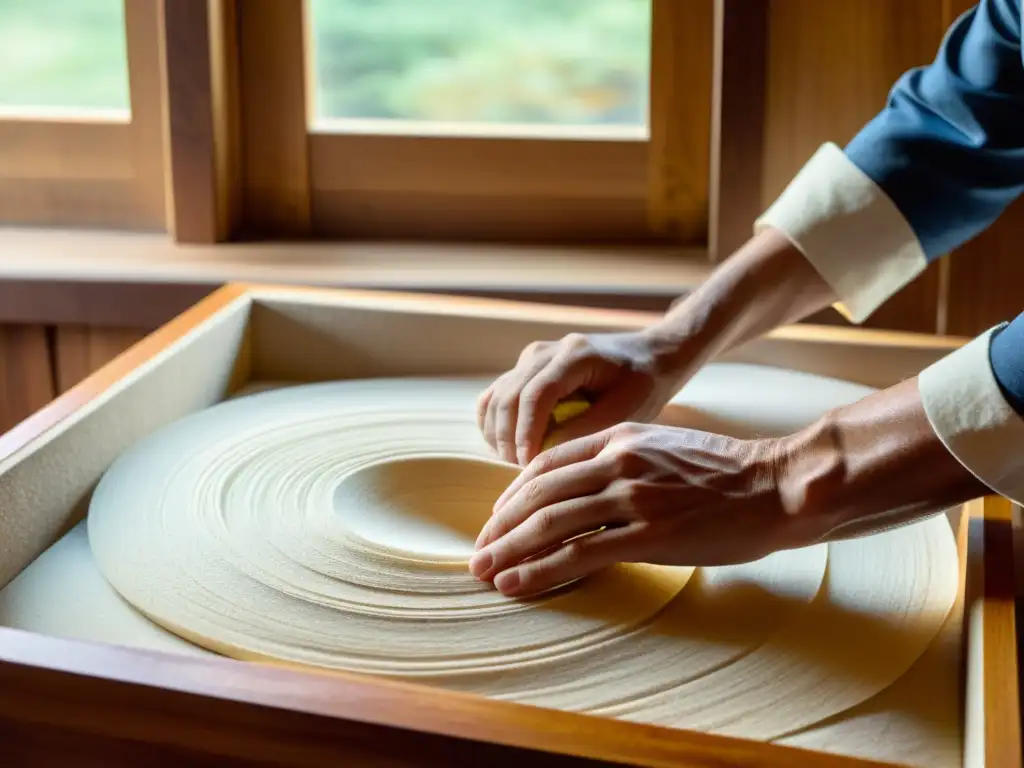 Un artesano sumerge un marco de madera en una mezcla de pulpa de papel, creando una textura hipnótica