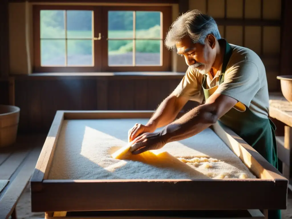 Un artesano sumerge un marco de madera en pasta de papel en un taller tradicional de fabricación de papel